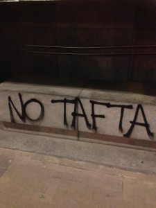 Graffitti Outside the EU Directorate-General for Communication. TAFTA (Transatlantic Free Trade Area) is an alternate name for TTIP