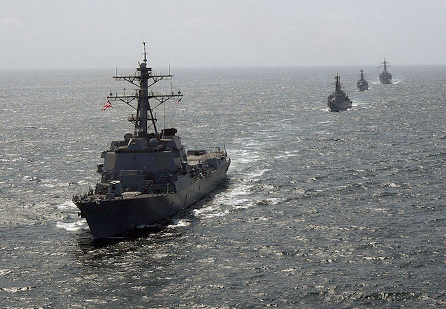 U.S. and Pakistani destroyers maneuver in column formation prior to the commencement of exercise Inspired Siren 2004. USS Preble (DDG 88) in the foreground (Photo: Courtesy of WikiCommons)