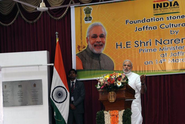 Prime Minister Narendra Modi speaks at the Foundation Stone laying of Jaffna Cultural Center during his visit to Sri Lanka (Photo: Courtesy of WikiCommons)