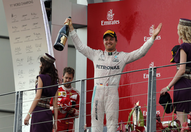 Race winner Nico Rosberg (GER) Mercedes AMG F1 celebrates on the podium with the champagne at Formula One World Championship, Rd8, European Grand Prix, Race, Baku City Circuit, Baku, Azerbaijan, Sunday 19 June 2016.(Photo: Courtesy of Baku City Circuit)